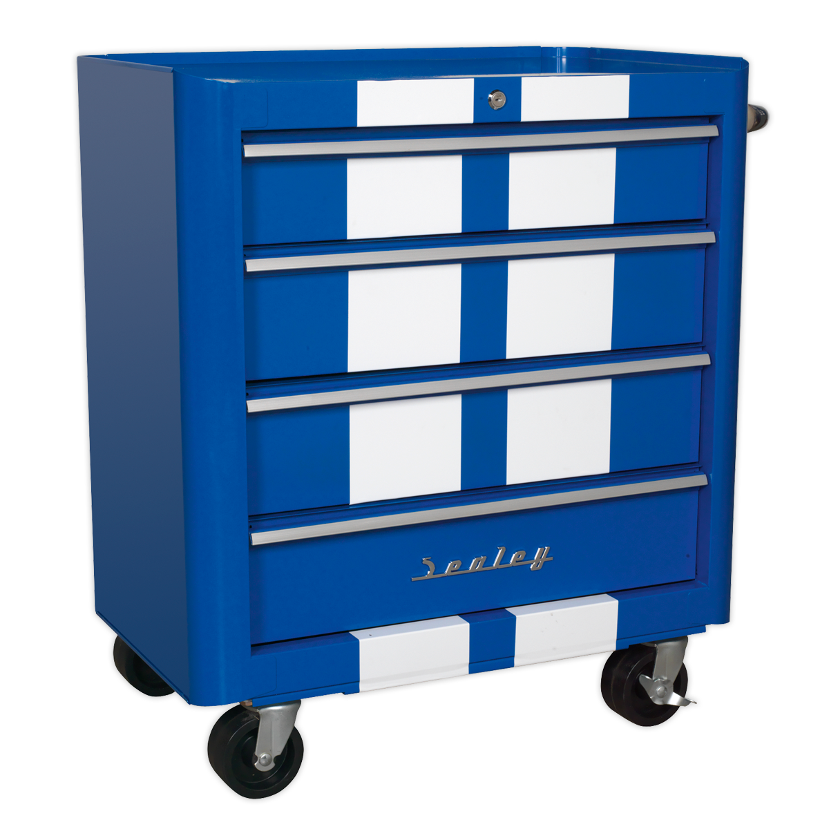 The Sealey Rollcab 4 Drawer Retro Style - Blue with White Stripes (AP28204BWS) features five ball-bearing slide drawers and heavy-duty castors for mobility.