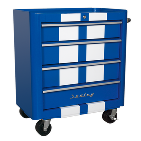 The Sealey Rollcab 4 Drawer Retro Style - Blue with White Stripes (AP28204BWS) features five ball-bearing slide drawers and heavy-duty castors for mobility.