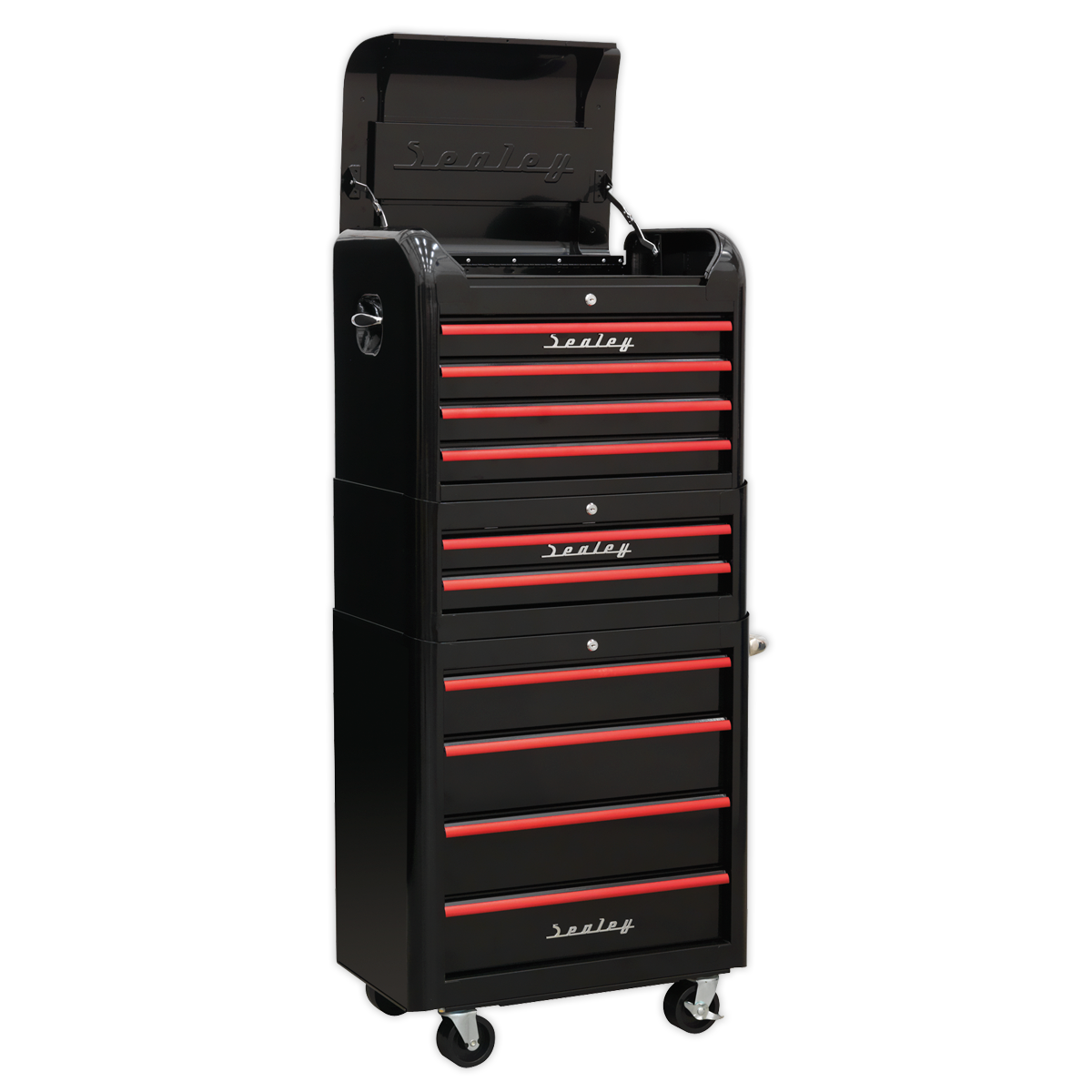 Retro Style Topchest, Mid-Box & Rollcab Combination 10 Drawer - Black with Red Anodised Drawer Pulls - AP28COMBO2BR - Farming Parts