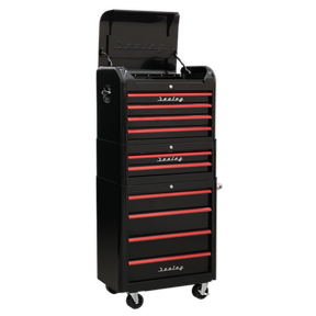 Retro Style Topchest, Mid-Box & Rollcab Combination 10 Drawer - Black with Red Anodised Drawer Pulls - AP28COMBO2BR - Farming Parts