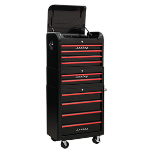 Retro Style Topchest, Mid-Box & Rollcab Combination 10 Drawer - Black with Red Anodised Drawer Pulls - AP28COMBO2BR - Farming Parts