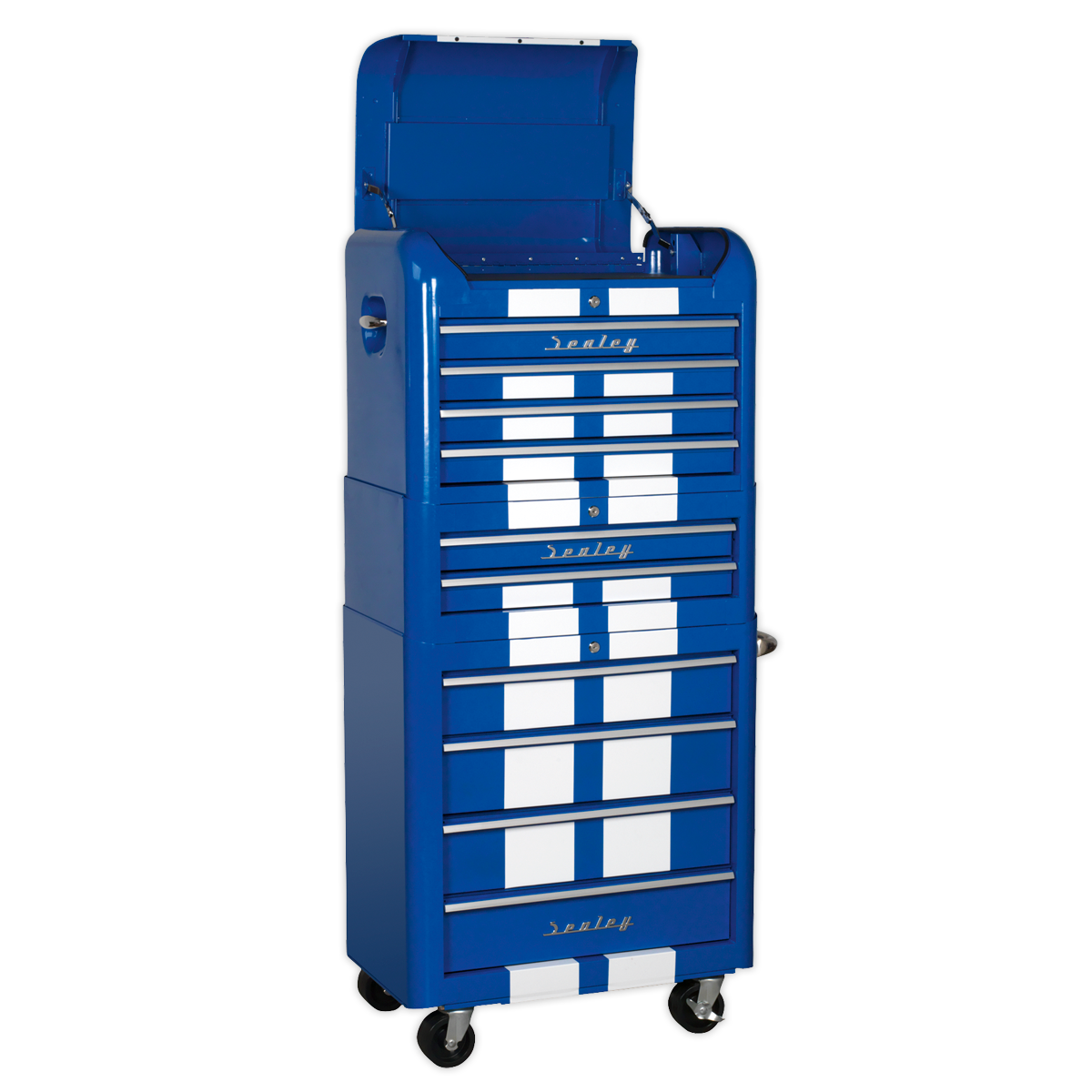 The Sealey Retro Style Topchest, Mid-Box & Rollcab Combination 10 Drawer in Blue with White Stripes (AP28COMBO2BWS) features multiple drawers equipped with ball-bearing slides, wheels for easy mobility, and an open top compartment. Fully lockable for added security, this tool chest brings vintage charm together with modern functionality.