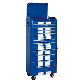 The Sealey Retro Style Topchest, Mid-Box & Rollcab Combination 10 Drawer in Blue with White Stripes (AP28COMBO2BWS) features multiple drawers equipped with ball-bearing slides, wheels for easy mobility, and an open top compartment. Fully lockable for added security, this tool chest brings vintage charm together with modern functionality.