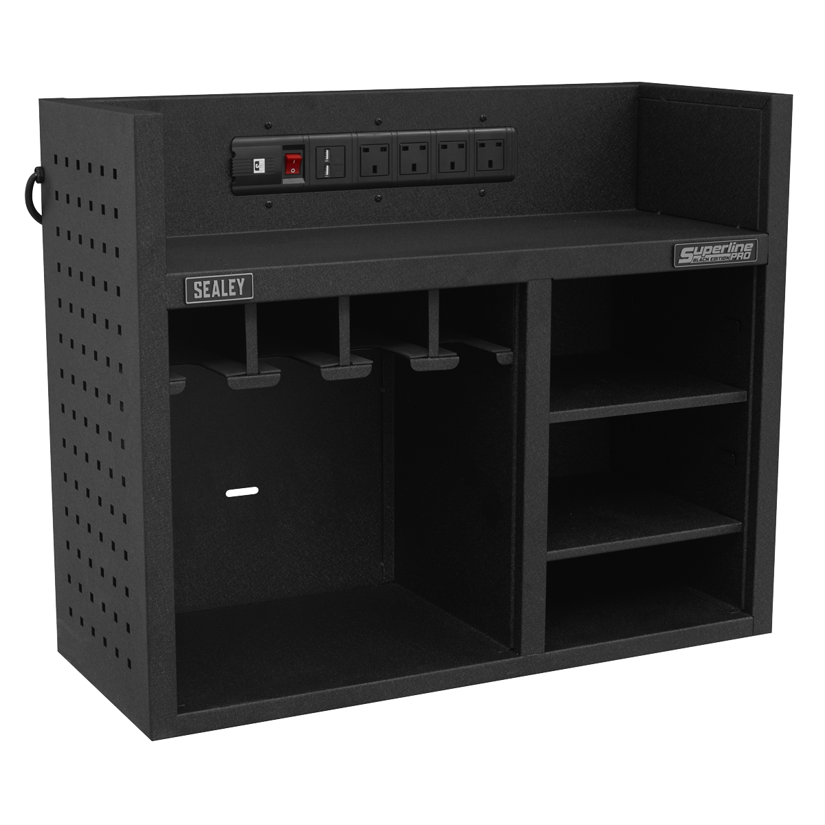 The Sealey Power Tool Storage Rack with Power Strip - AP30SRBE is a black wall-mounted tool organizer featuring multiple compartments, four storage slots, and an integrated power strip with four outlets and a switch. Ideal for power tool storage, it keeps your workshop tidy and efficient.