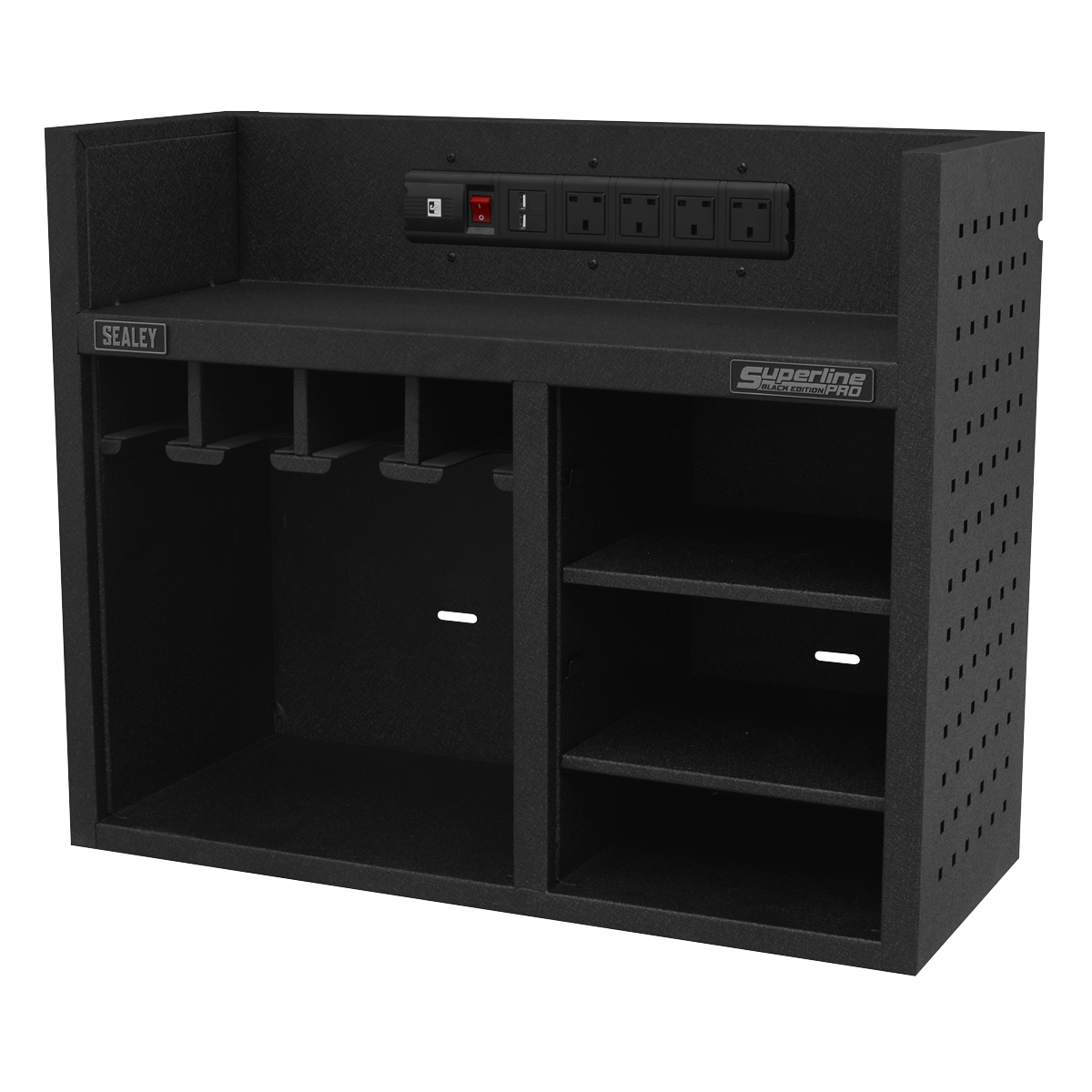 The Sealey Power Tool Storage Rack with Power Strip - AP30SRBE is a black, metal wall-mountable organizer that features multiple compartments, adjustable storage shelves, power outlets, and a switch.