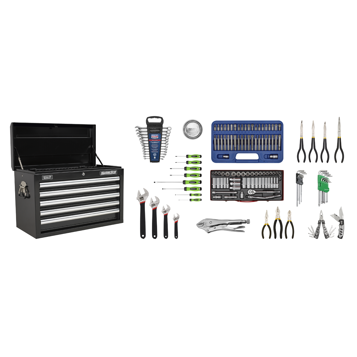 A Sealey Topchest 5 Drawer with Ball-Bearing Slides - Black & 140pc Tool Kit (AP33059BCOMBO) is surrounded by various hand tools including wrenches, screwdrivers, sockets, pliers, hex keys, and allen wrenches. Everything is arranged neatly on a white background.