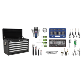 A Sealey Topchest 5 Drawer with Ball-Bearing Slides - Black & 140pc Tool Kit (AP33059BCOMBO) is surrounded by various hand tools including wrenches, screwdrivers, sockets, pliers, hex keys, and allen wrenches. Everything is arranged neatly on a white background.
