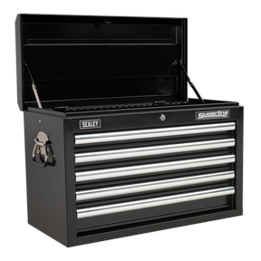 The Sealey Topchest 5 Drawer with Ball-Bearing Slides (Black - AP33059B) features an open top compartment, five horizontal drawers with silver handles, and a rust and solvent-resistant powder coat paint finish.