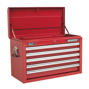 A Sealey Topchest 5 Drawer with Ball-Bearing Slides (AP33059) in red features a top open compartment, metal handles, a secure lock mechanism, rust-resistant steel construction, and heavy-duty drawer slides.