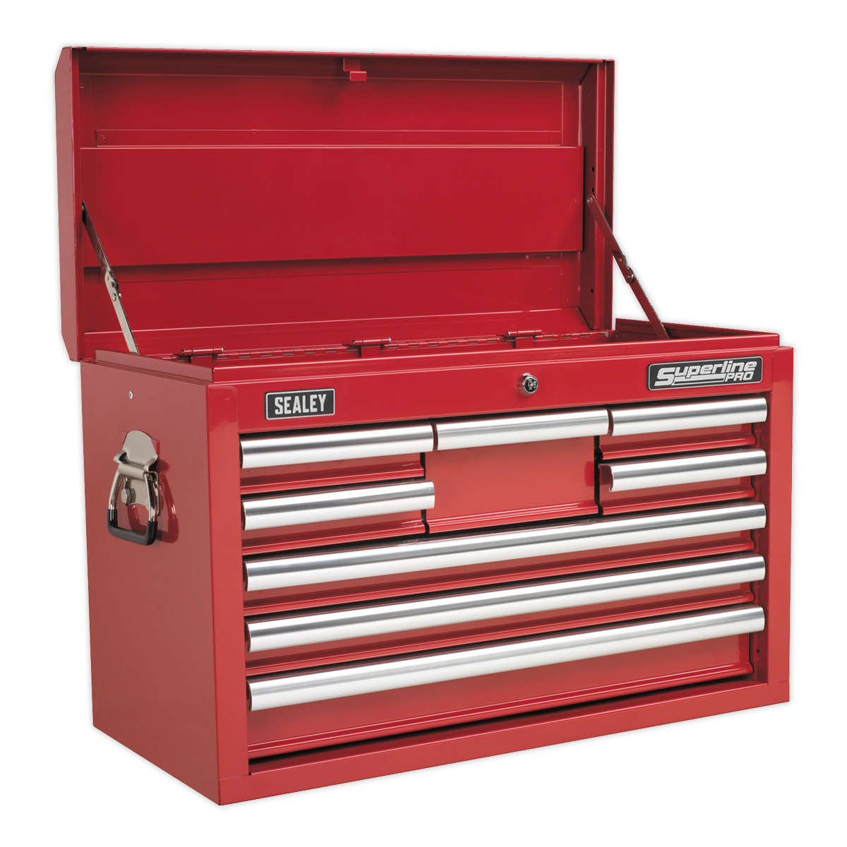 The Sealey Topchest 8 Drawer with Ball-Bearing Slides - Red - AP33089 is a robust metal tool chest featuring an open top compartment and multiple drawers. Built with heavy-duty steel construction, it includes ball-bearing drawer slides for smooth operation and is finished with a rust-resistant powder coating for enhanced durability.