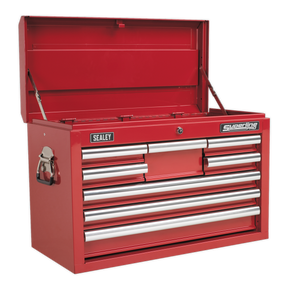 The Sealey Topchest 8 Drawer with Ball-Bearing Slides - Red - AP33089 is a robust metal tool chest featuring an open top compartment and multiple drawers. Built with heavy-duty steel construction, it includes ball-bearing drawer slides for smooth operation and is finished with a rust-resistant powder coating for enhanced durability.