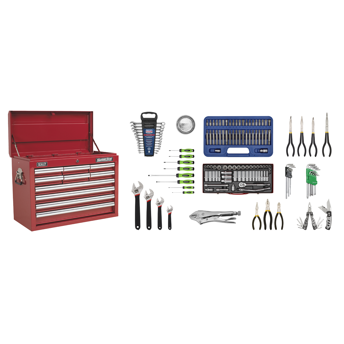 Topchest 10 Drawer with Ball-Bearing Slides - Red & 140pc Tool Kit - AP33109COMBO - Farming Parts