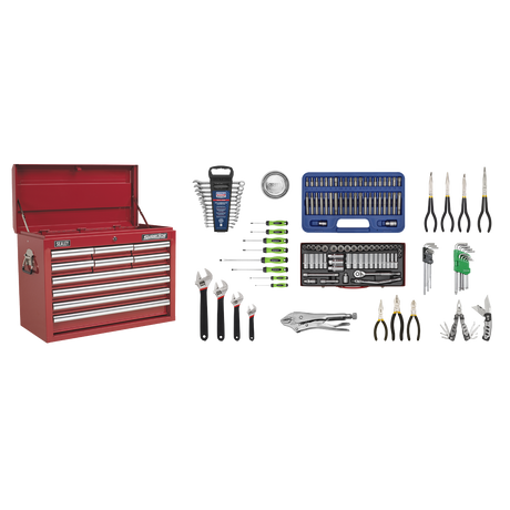 Topchest 10 Drawer with Ball-Bearing Slides - Red & 140pc Tool Kit - AP33109COMBO - Farming Parts