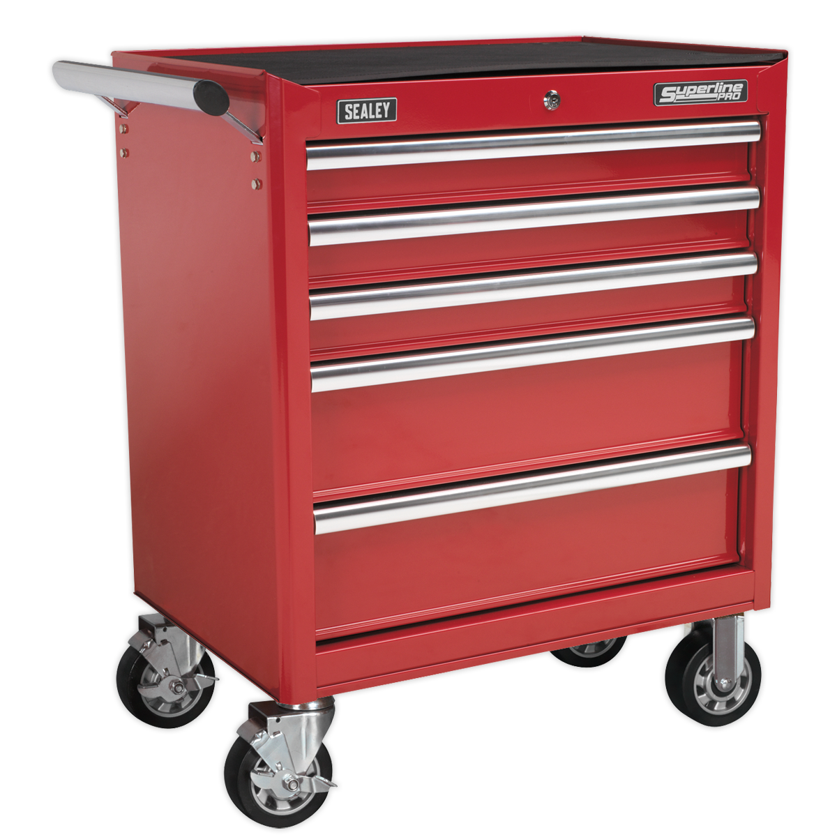 The Sealey Rollcab 5 Drawer with Ball-Bearing Slides - Red (model AP33459) is a red metal tool chest that features five drawers, four caster wheels for easy mobility, and a black rubber mat on top. The chest ensures smooth operation with its heavy-duty ball-bearing drawer slides and is finished with rust-resistant powder coat paint for added durability.