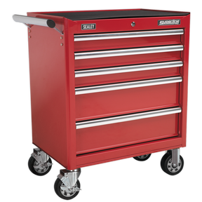 The Sealey Rollcab 5 Drawer with Ball-Bearing Slides - Red (model AP33459) is a red metal tool chest that features five drawers, four caster wheels for easy mobility, and a black rubber mat on top. The chest ensures smooth operation with its heavy-duty ball-bearing drawer slides and is finished with rust-resistant powder coat paint for added durability.