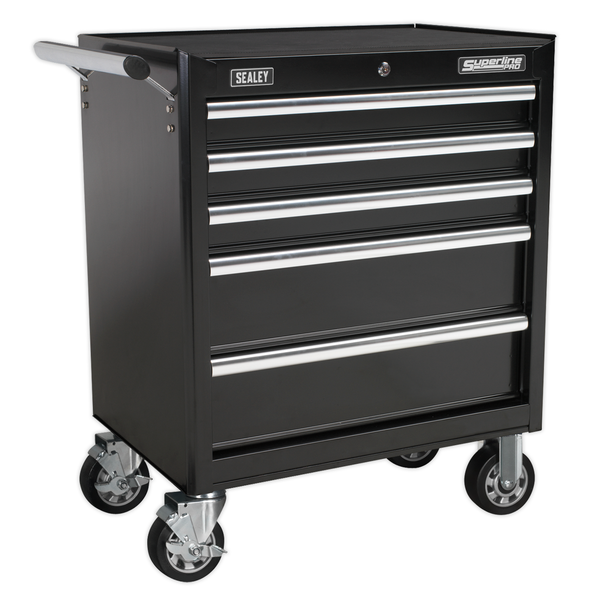 A black, five-drawer "Sealey Rollcab" tool chest (model AP33459B) features ball-bearing slides, a handle on the left side, four extra-heavy-duty caster wheels, and a durable powder coat paint finish.