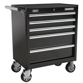 A black, five-drawer "Sealey Rollcab" tool chest (model AP33459B) features ball-bearing slides, a handle on the left side, four extra-heavy-duty caster wheels, and a durable powder coat paint finish.