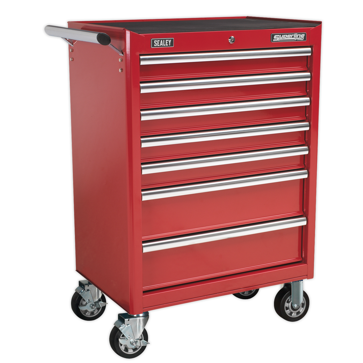 A Sealey Rollcab 7 Drawer with Ball-Bearing Slides, model AP33479, in red, featuring heavy-duty drawer slides for smooth operation and a rust-resistant powder coat paint finish.