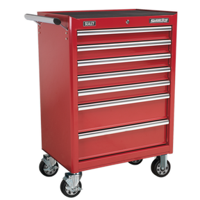 A Sealey Rollcab 7 Drawer with Ball-Bearing Slides, model AP33479, in red, featuring heavy-duty drawer slides for smooth operation and a rust-resistant powder coat paint finish.