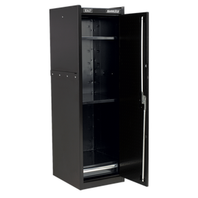 The Hang-On Locker - Black - AP33519B by Sealey is a tall, black metal storage cabinet with a partially open door that reveals two adjustable shelves and a vertical handle on the right side, showcasing its durable steel construction.