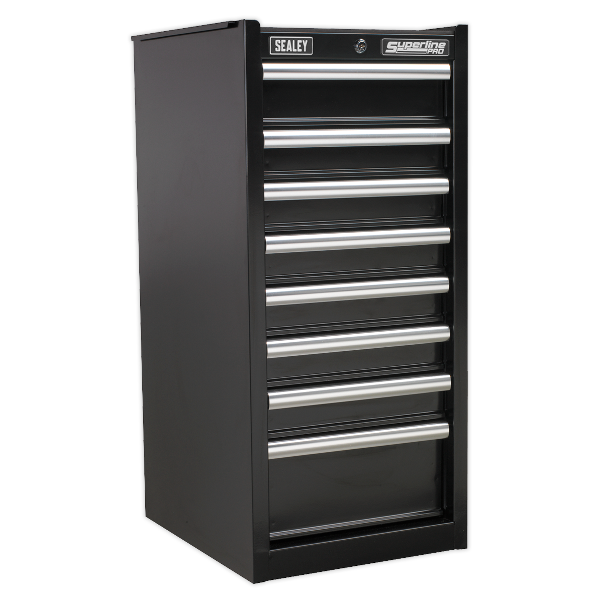 The Hang-On Chest 8 Drawer with Ball-Bearing Slides - Black - AP33589B by Sealey is a black tool cabinet featuring eight drawers, each with silver handles. The cabinet's heavy-duty ball-bearing drawer slides ensure smooth operation, and its rust-resistant powder coat paint finish guarantees durability and longevity.