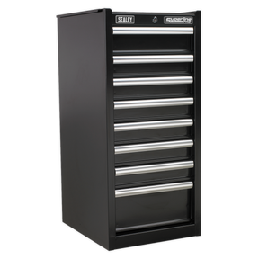 The Hang-On Chest 8 Drawer with Ball-Bearing Slides - Black - AP33589B by Sealey is a black tool cabinet featuring eight drawers, each with silver handles. The cabinet's heavy-duty ball-bearing drawer slides ensure smooth operation, and its rust-resistant powder coat paint finish guarantees durability and longevity.