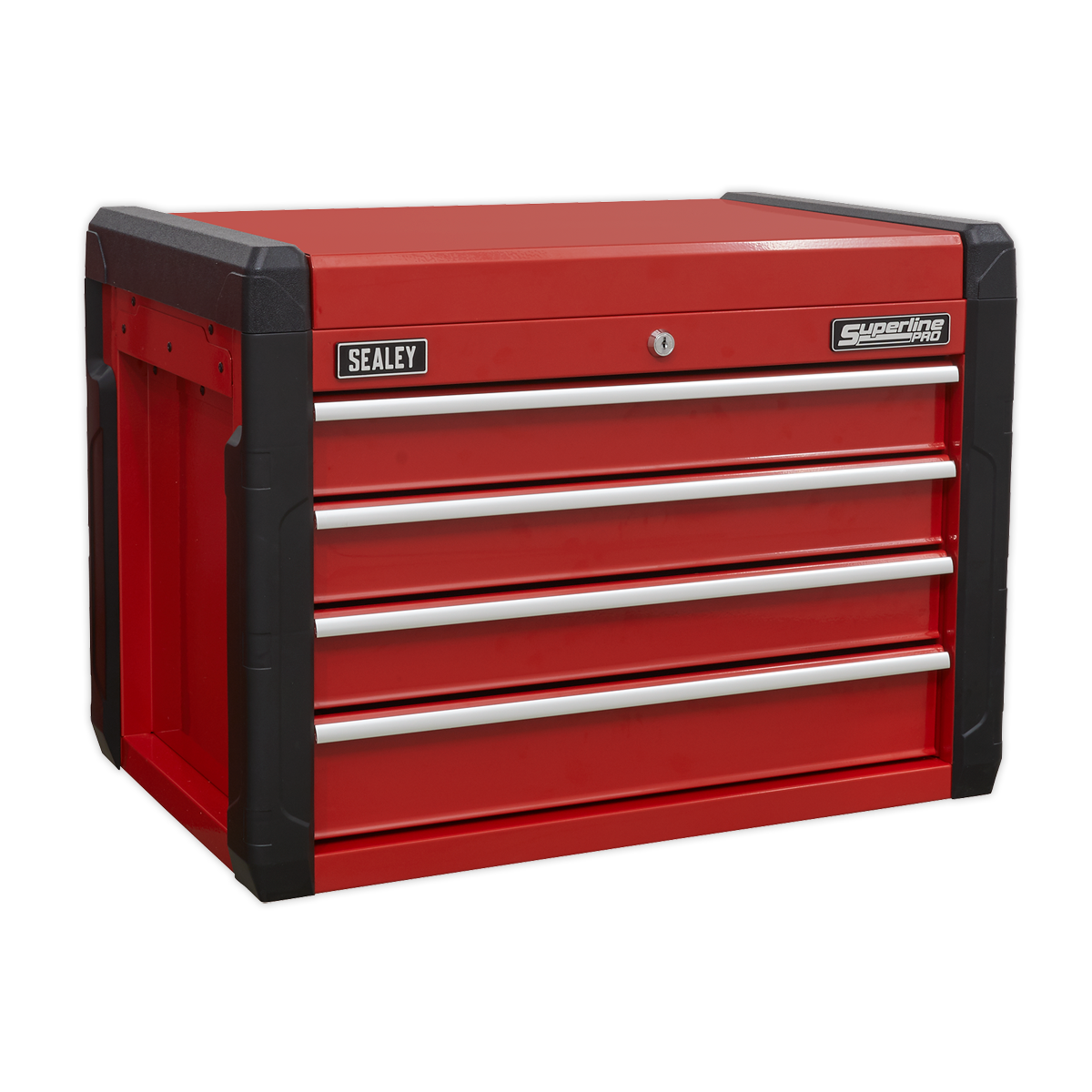 A Sealey Topchest 4 Drawer with Ball-Bearing Slides (AP3401), featuring a red finish, silver-handled drawers, black corner protectors, and a durable powder coat paint.