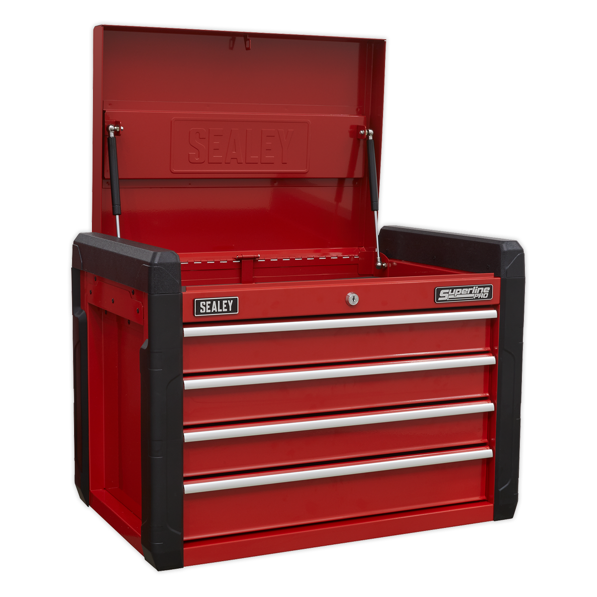 A Sealey Topchest 4 Drawer with Ball-Bearing Slides - AP3401 in vibrant red, shown with the lid open, revealing four closed drawers equipped with heavy-duty ball-bearing slides and a spacious top compartment, all safeguarded by a durable powder coat paint finish.