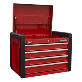 A Sealey Topchest 4 Drawer with Ball-Bearing Slides - AP3401 in vibrant red, shown with the lid open, revealing four closed drawers equipped with heavy-duty ball-bearing slides and a spacious top compartment, all safeguarded by a durable powder coat paint finish.
