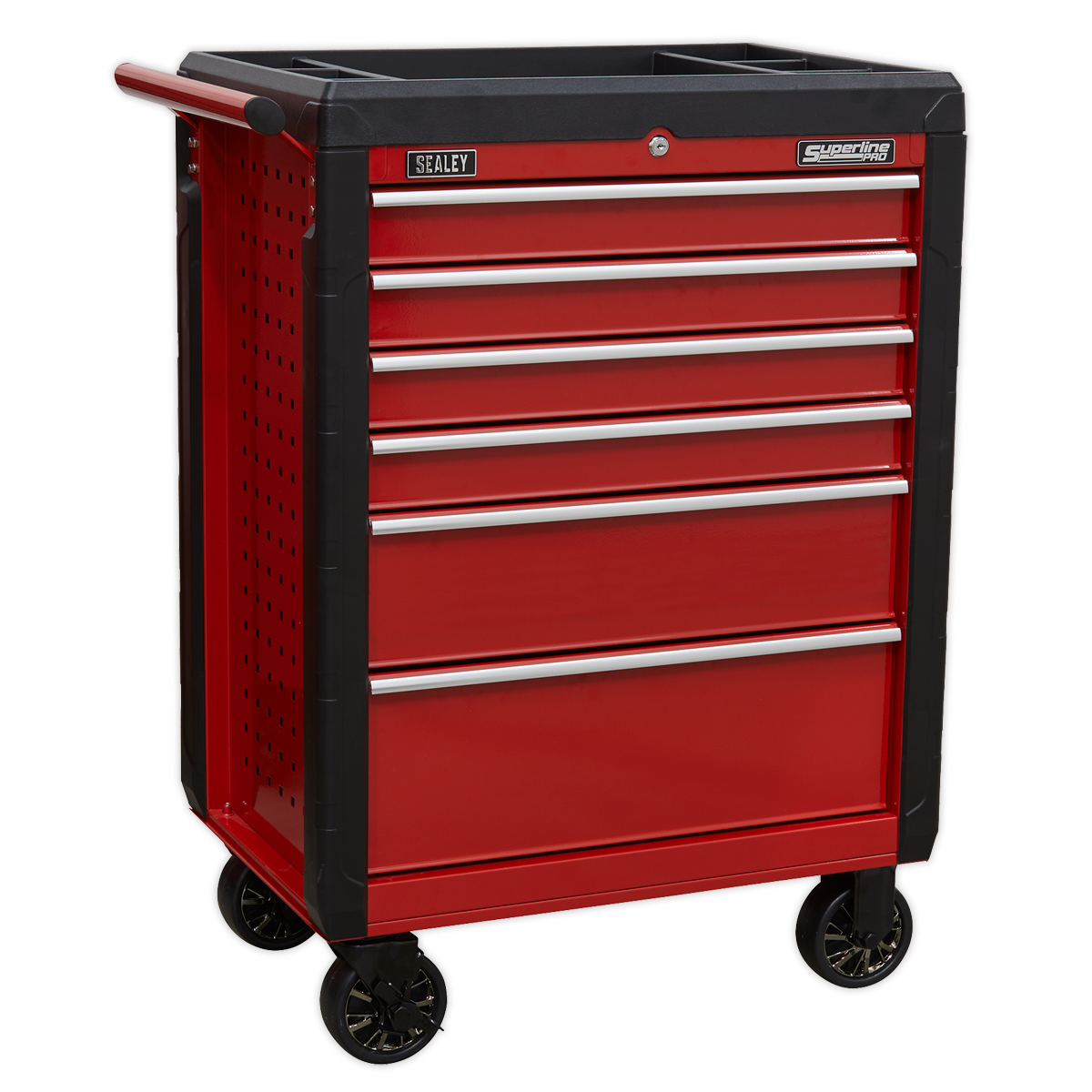 The Sealey Rollcab 6 Drawer with Ball-Bearing Slides - AP3406 features a red design with black handles, heavy-duty drawer slides, a black top tray, and a rust-resistant finish. Casters are included for mobility.