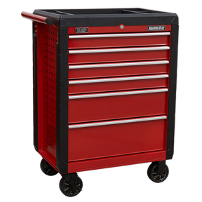 The Sealey Rollcab 6 Drawer with Ball-Bearing Slides - AP3406 features a red design with black handles, heavy-duty drawer slides, a black top tray, and a rust-resistant finish. Casters are included for mobility.