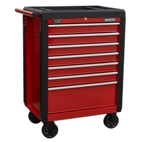Introducing the Rollcab 7 Drawer with Ball-Bearing Slides (AP3407) from Sealey. This red tool chest features black trim, four black caster wheels, and a handle on one side. It is equipped with heavy-duty ball-bearing slides for easy drawer access and proudly displays the Sealey brand label on the top edge.