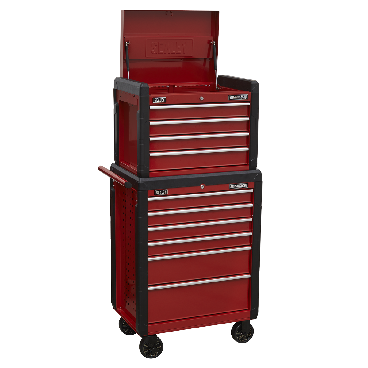 The Sealey Topchest 4 Drawer & Rollcab 6 Drawer Combination - AP3410STACK is a red tool chest on wheels, offering multiple drawers for storage, a top compartment, and a side handle for easy portability. It features rust-resistant steel construction and heavy-duty ball-bearing drawer slides.