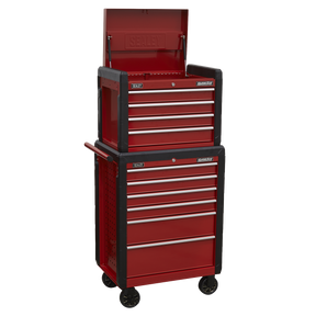 The Sealey Topchest 4 Drawer & Rollcab 6 Drawer Combination - AP3410STACK is a red tool chest on wheels, offering multiple drawers for storage, a top compartment, and a side handle for easy portability. It features rust-resistant steel construction and heavy-duty ball-bearing drawer slides.