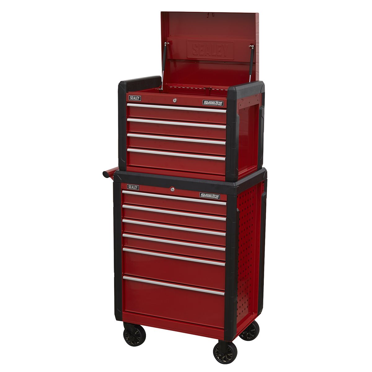 The Sealey Topchest 4 Drawer & Rollcab 6 Drawer Combination - AP3410STACK is a red, two-part metal tool chest on wheels with multiple drawers and an open top storage area. Featuring heavy-duty ball-bearing drawer slides, the upper section has four drawers and the lower section has six larger drawers. The steel construction ensures it's rust-resistant for long-lasting use.