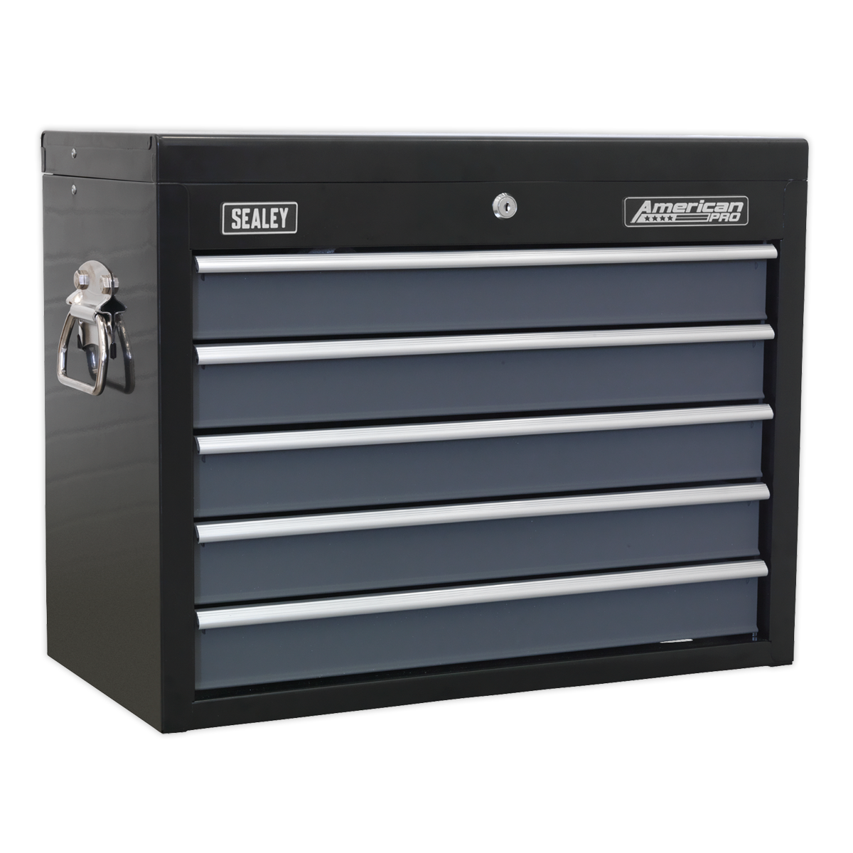 The Sealey Topchest 5 Drawer with Ball-Bearing Slides, AP3505TB model in black and grey, features five lockable drawers, a secure top compartment, and a convenient side handle.