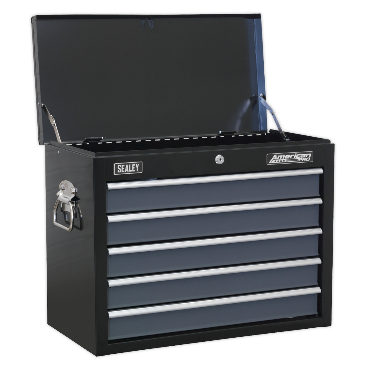 The Sealey Topchest 5 Drawer with Ball-Bearing Slides - Black/Grey - AP3505TB features five lockable gray drawers and an open top compartment, with Siegen tool trays for organized storage.