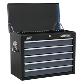 The Sealey Topchest 5 Drawer with Ball-Bearing Slides - Black/Grey - AP3505TB features five lockable gray drawers and an open top compartment, with Siegen tool trays for organized storage.
