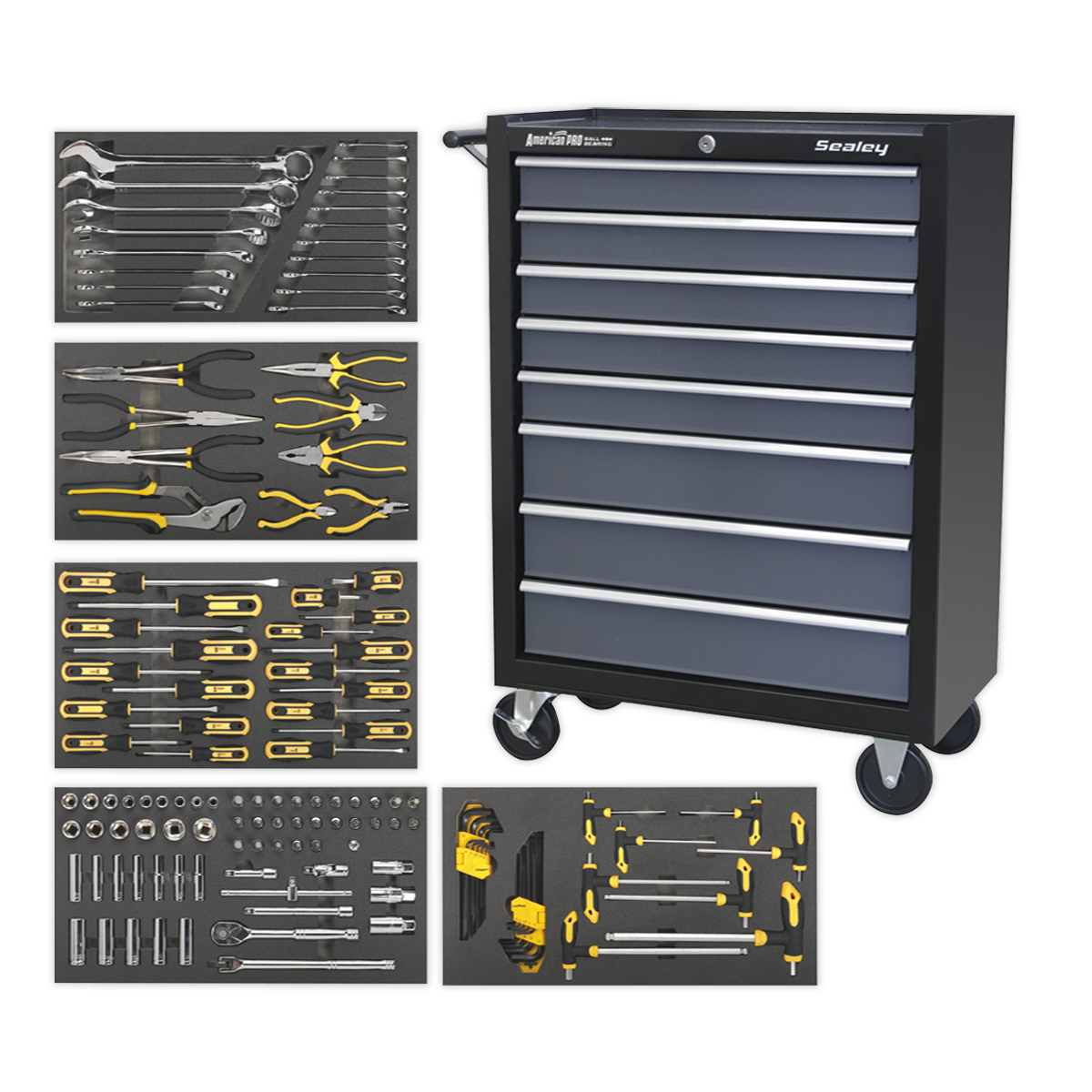 A Sealey Rollcab 8 Drawer with Ball-Bearing Slides in black and grey, accompanied by a 136-piece tool kit featuring a combination spanner set, wrenches, pliers, screwdrivers, and a 62-piece drive socket set.