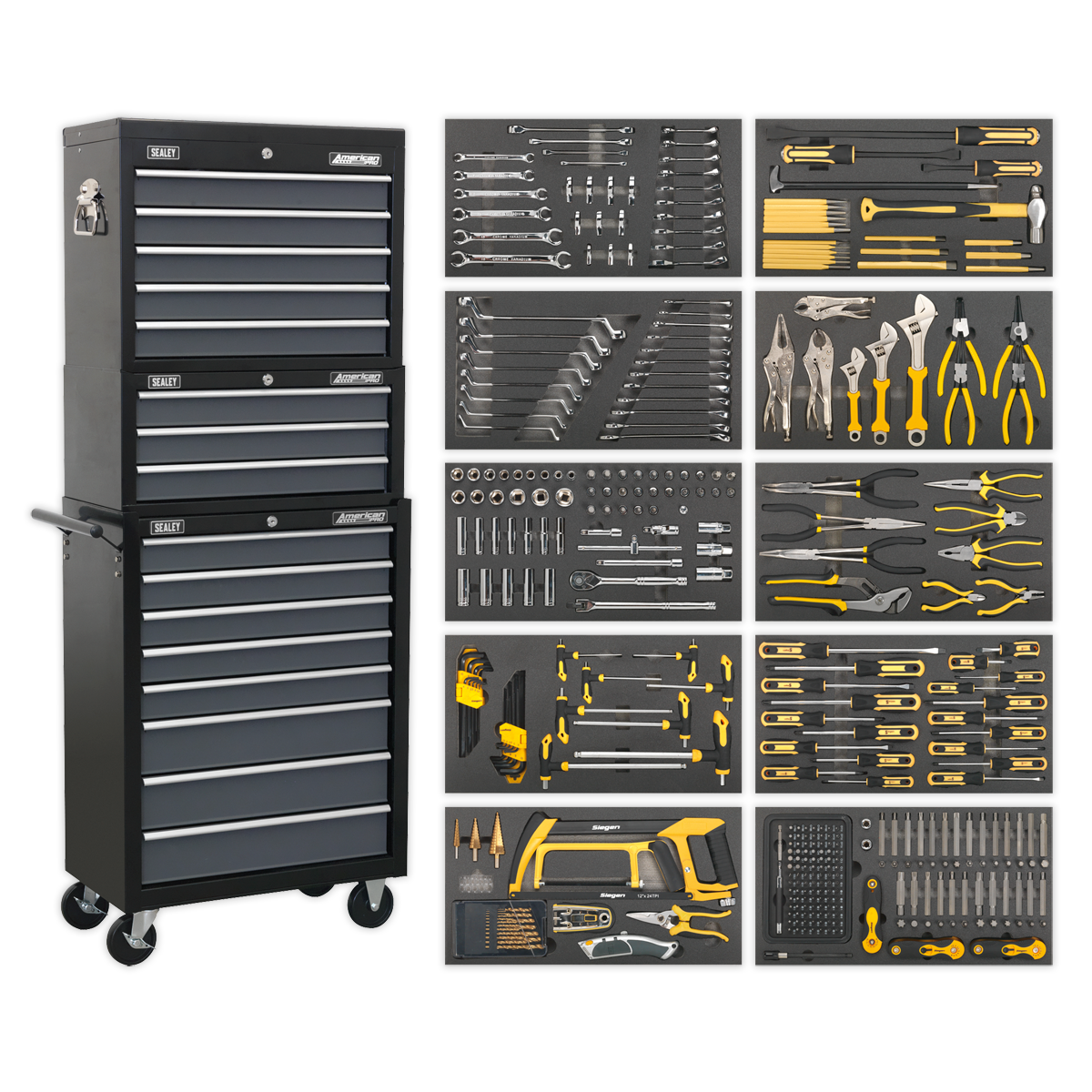 Tool Chest Combination 16 Drawer with Ball-Bearing Slides - Black/Grey & 420pc Tool Kit - AP35TBCOMBO - Farming Parts