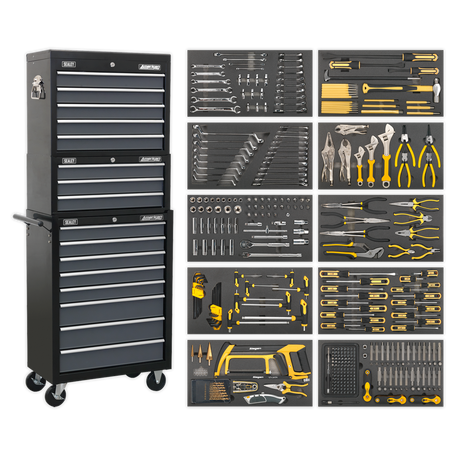 Tool Chest Combination 16 Drawer with Ball-Bearing Slides - Black/Grey & 420pc Tool Kit - AP35TBCOMBO - Farming Parts