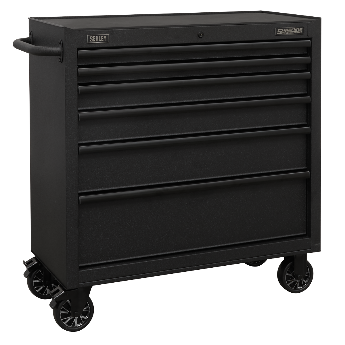 The Sealey Rollcab 6 Drawer 915mm with Soft Close Drawers - AP3606BE is a black rolling tool chest equipped with six drawers and a side handle, perfect for organizing and storing tools. Made from heavy-duty steel construction, it boasts ball-bearing drawer slides for smooth operation and a rust-resistant finish to ensure long-lasting durability.