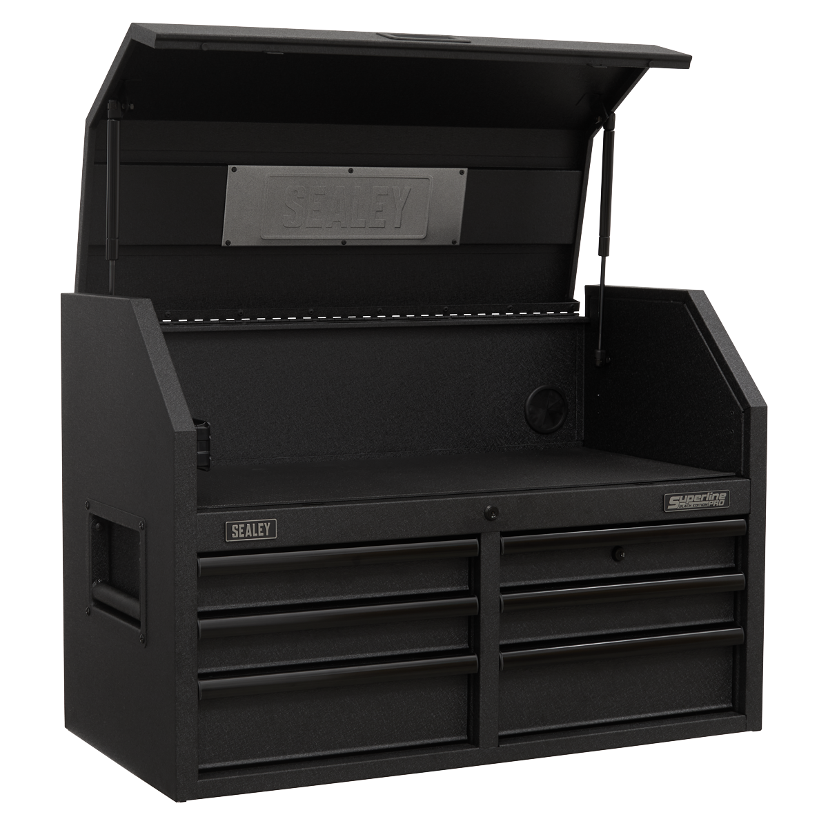 A Sealey 12 Drawer Tool Chest Combination with Power Bar - AP36BESTACK, in black, featuring heavy-duty drawer slides and a hinged lid in an open position.