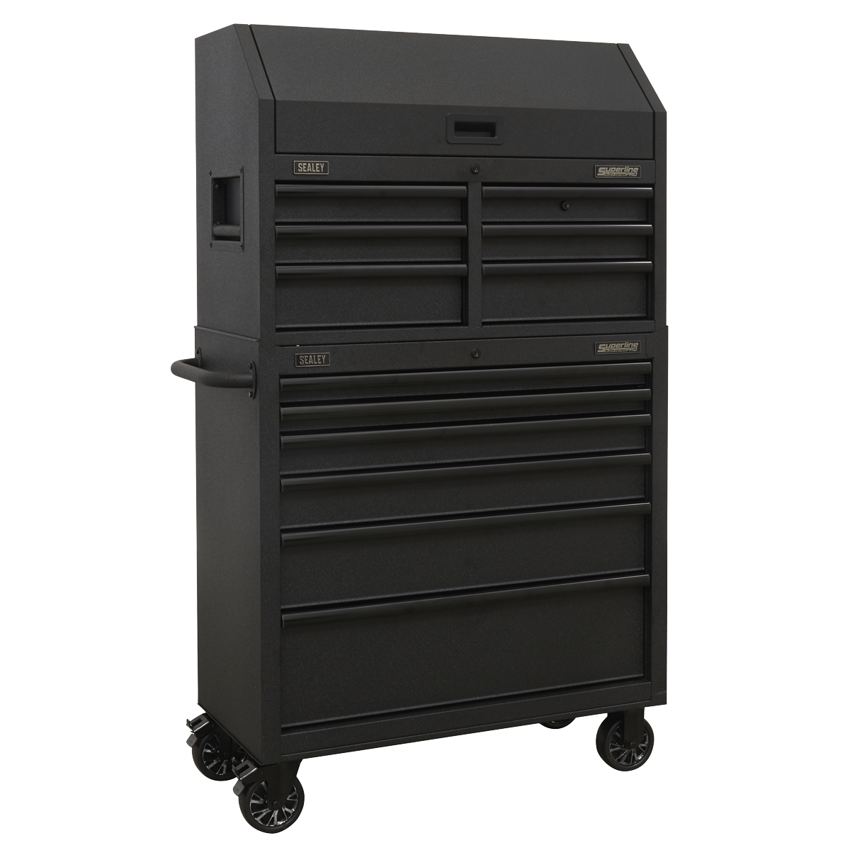 The Sealey 12 Drawer Tool Chest Combination with Power Bar (AP36BESTACK) is a black metal tool chest on wheels that features multiple drawers with heavy-duty drawer slides, a rust-resistant finish, and a top storage compartment.