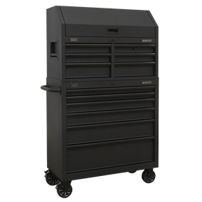 The Sealey 12 Drawer Tool Chest Combination with Power Bar (AP36BESTACK) is a black metal tool chest on wheels that features multiple drawers with heavy-duty drawer slides, a rust-resistant finish, and a top storage compartment.