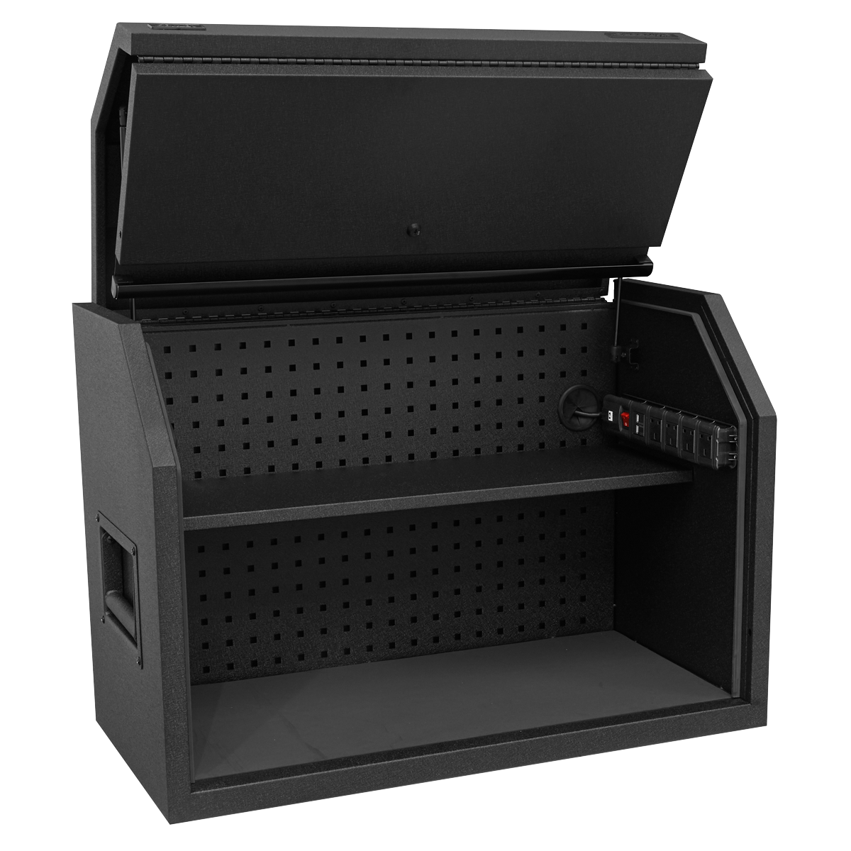 The Sealey Toolbox Hutch 910mm with Power Strip - AP36HBE is a black, open tool cabinet made from heavy gauged steel construction, featuring a perforated back panel, a power strip on the right side, and a top lid that lifts up for storage.