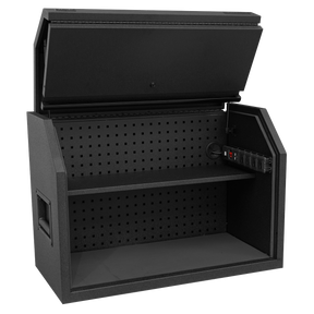 The Sealey Toolbox Hutch 910mm with Power Strip - AP36HBE is a black, open tool cabinet made from heavy gauged steel construction, featuring a perforated back panel, a power strip on the right side, and a top lid that lifts up for storage.