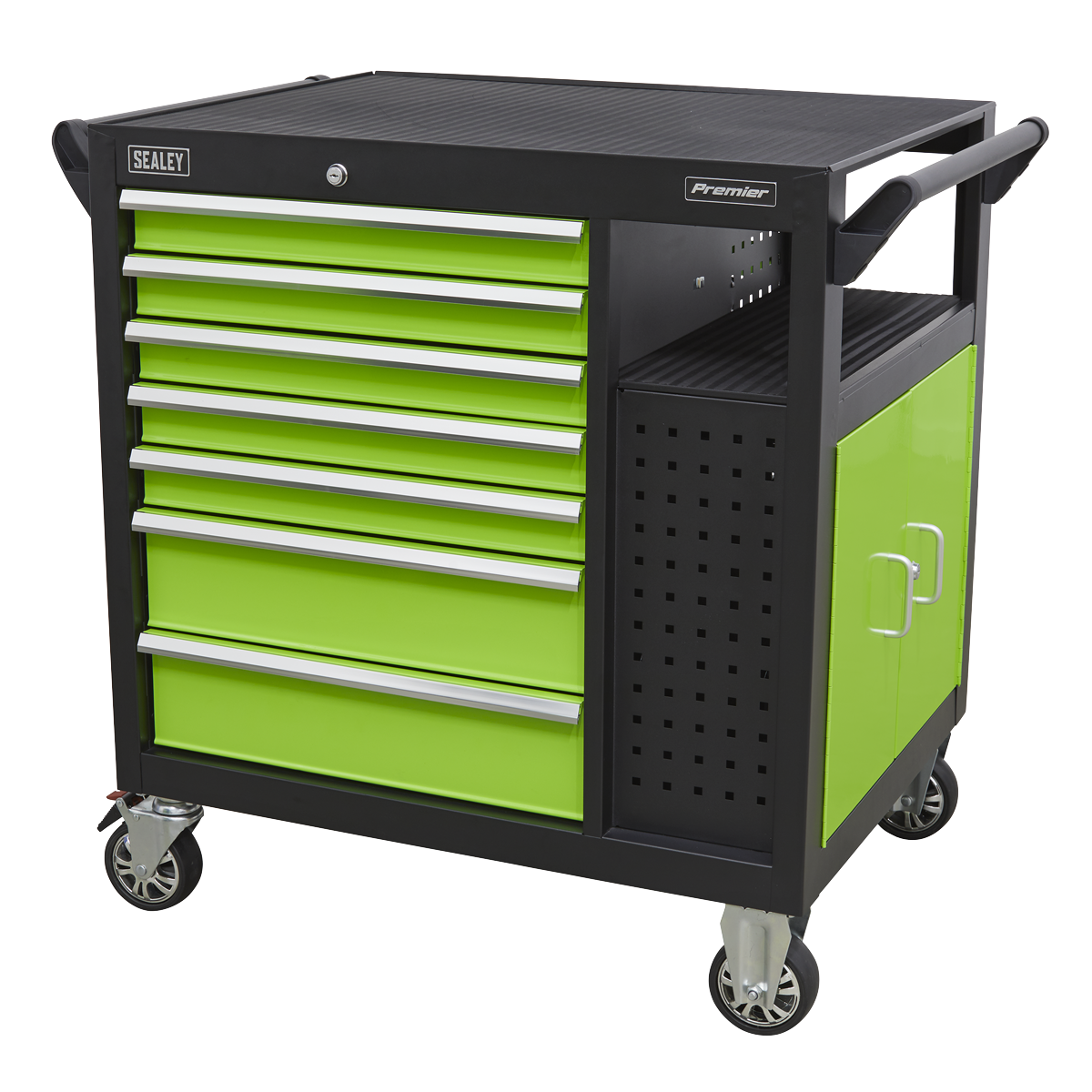 Sealey Mobile Workstation 7 Drawer & Cupboard 920mm - AP36MWS, a green and black heavy-duty unit on caster wheels.