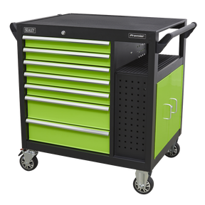 Sealey Mobile Workstation 7 Drawer & Cupboard 920mm - AP36MWS, a green and black heavy-duty unit on caster wheels.