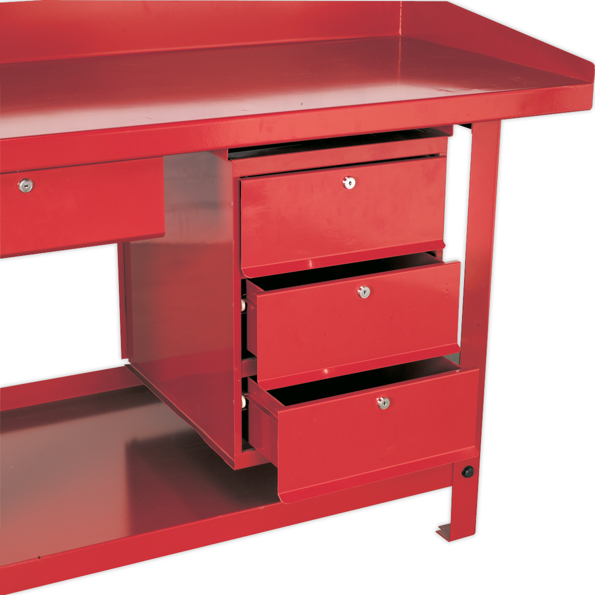 The Sealey 3 Drawer Unit for AP10 & AP30 Series Benches - AP3 is a red, metal workbench known for its industrial durability. It features three partially open drawers on the right side and one closed drawer on the left. The bench has a flat surface with slightly raised edges, providing ample drawer space for tools and materials.